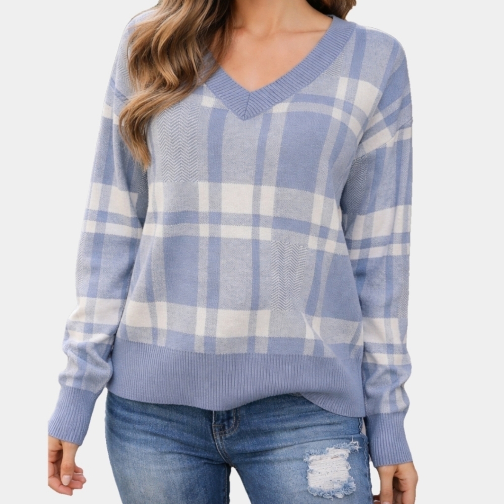 Christian Siriano V-Neck Long Sleeve Plaid Pullover Sweater Size L